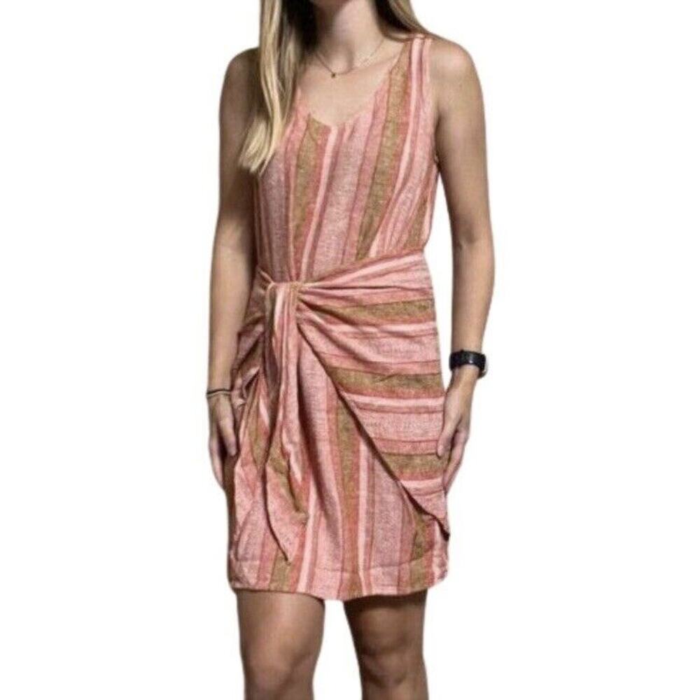 Anthropologie Dress XS Pink Orange Striped Wrap Tie Linen Cotton Beach Preppy